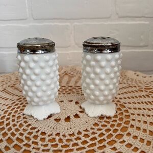 Fenton "Hobnail Milk Glass" Footed Salt And Pepper Set - Metal Lids